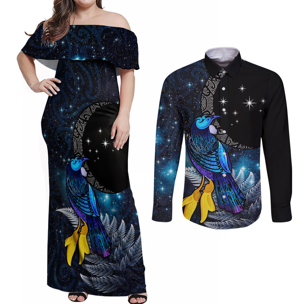 New Zealand Tui Bird Matariki Couples Matching Off Shoulder Maxi Dress and Long Sleeve Button Shirt Galaxy Fern With Maori Pattern