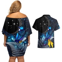 New Zealand Tui Bird Matariki Couples Matching Off Shoulder Short Dress and Hawaiian Shirt Galaxy Fern With Maori Pattern