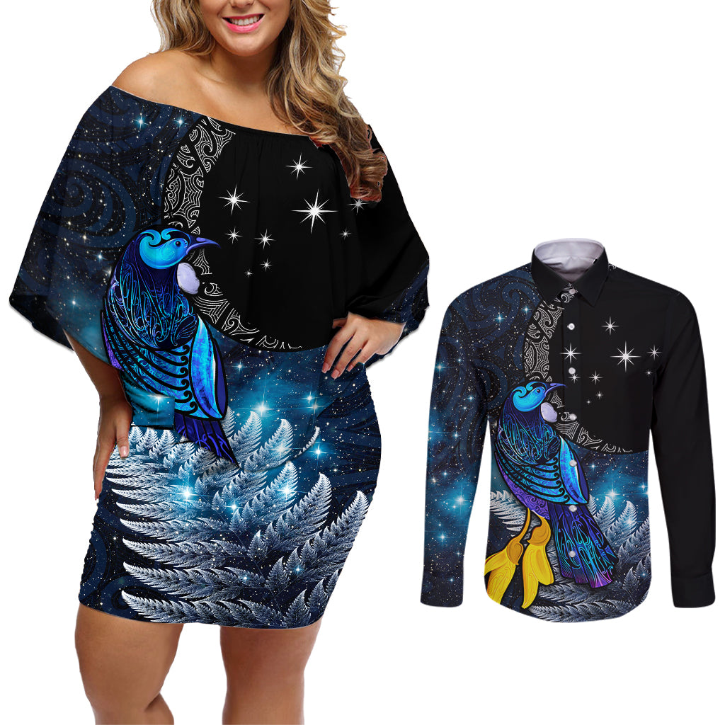 New Zealand Tui Bird Matariki Couples Matching Off Shoulder Short Dress and Long Sleeve Button Shirt Galaxy Fern With Maori Pattern