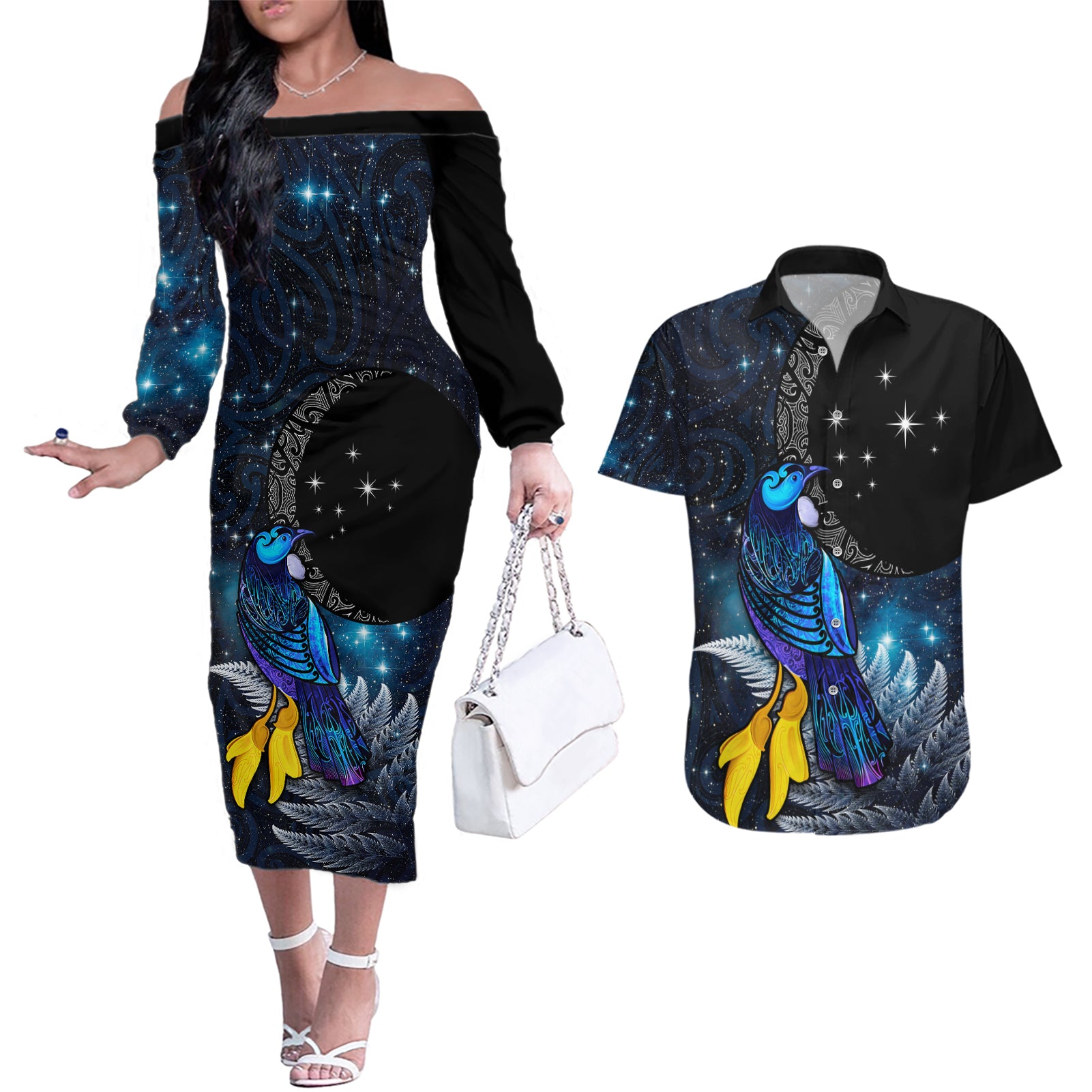 New Zealand Tui Bird Matariki Couples Matching Off The Shoulder Long Sleeve Dress and Hawaiian Shirt Galaxy Fern With Maori Pattern