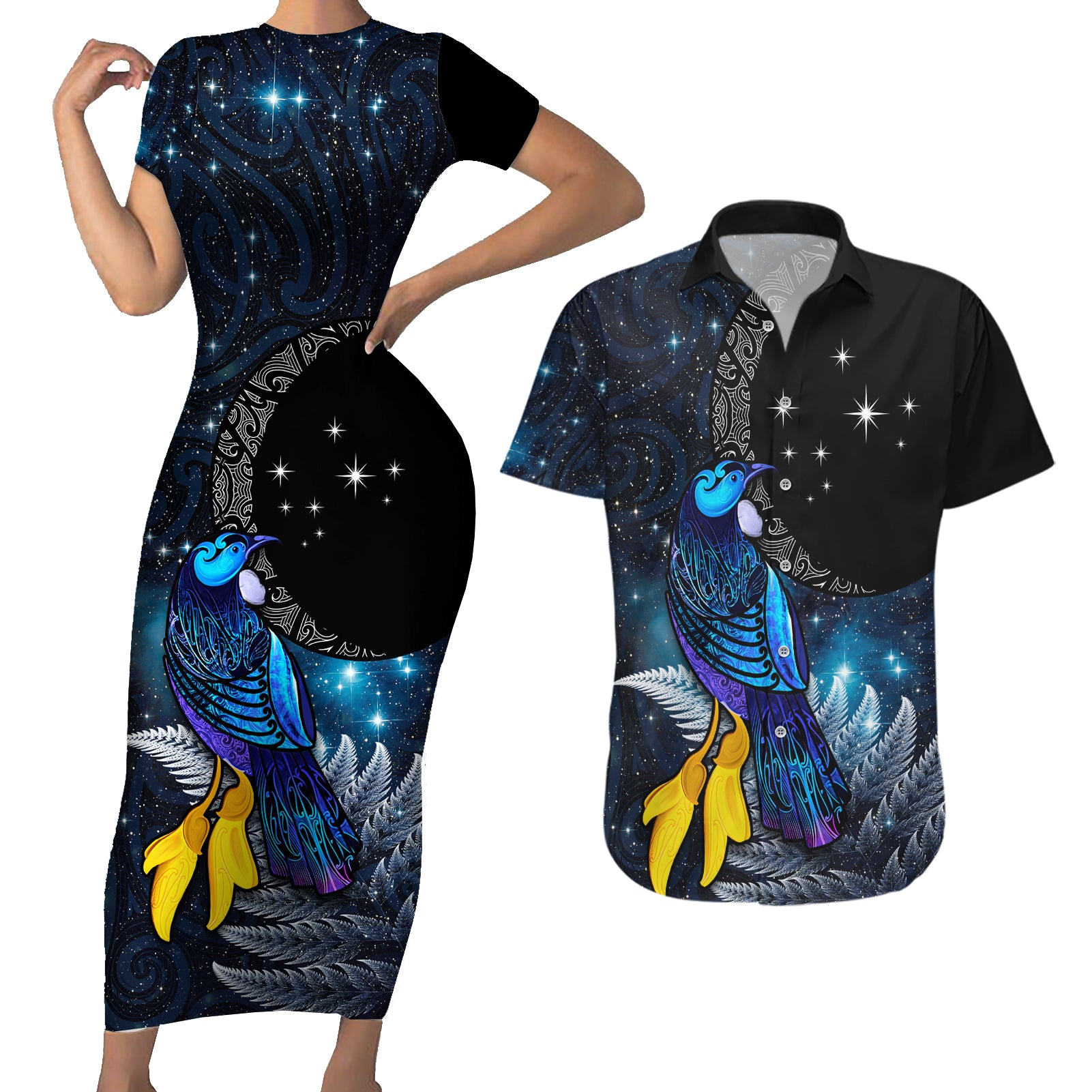 New Zealand Tui Bird Matariki Couples Matching Short Sleeve Bodycon Dress and Hawaiian Shirt Galaxy Fern With Maori Pattern