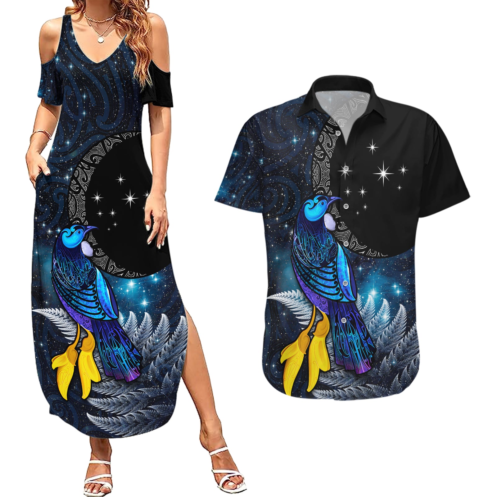 New Zealand Tui Bird Matariki Couples Matching Summer Maxi Dress and Hawaiian Shirt Galaxy Fern With Maori Pattern