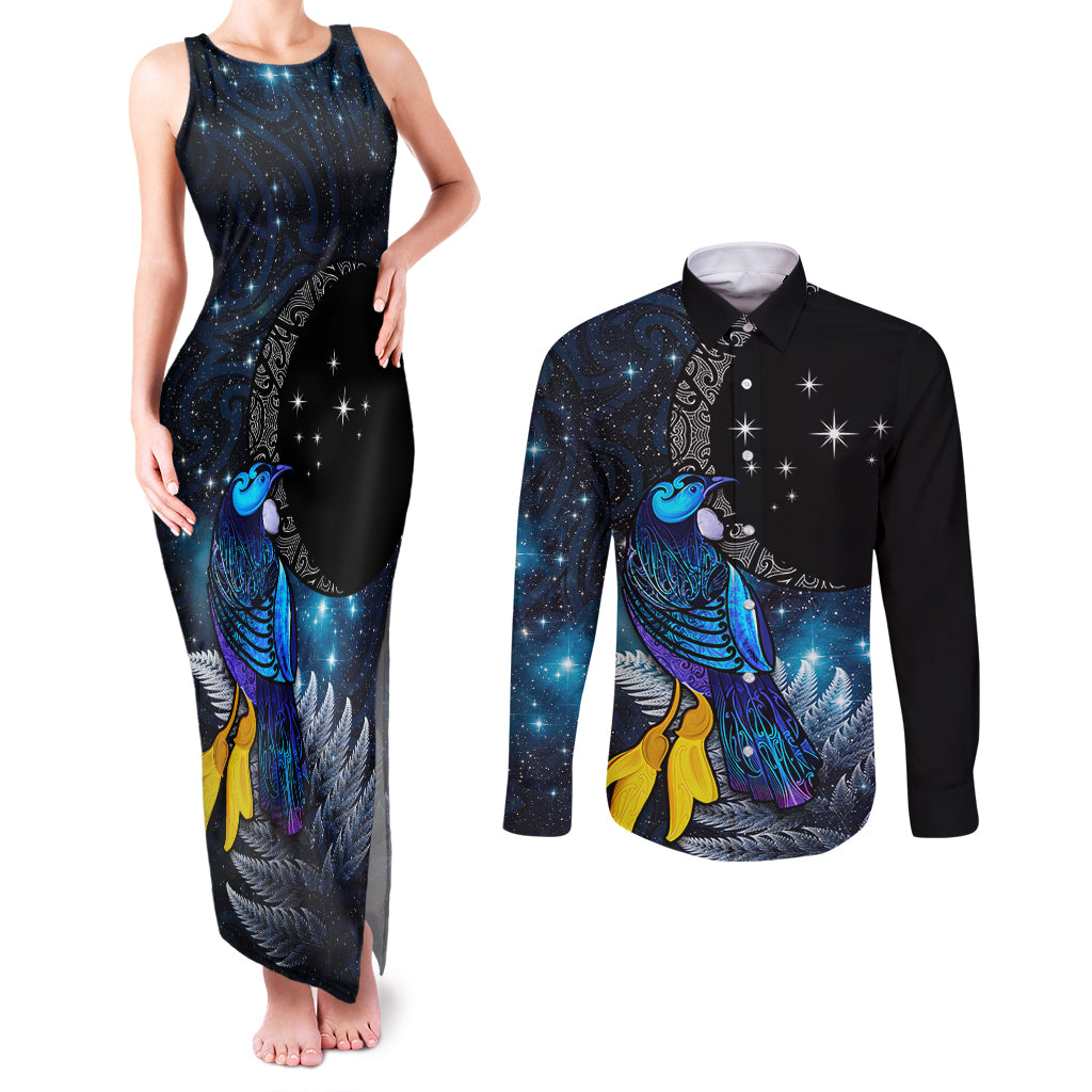 New Zealand Tui Bird Matariki Couples Matching Tank Maxi Dress and Long Sleeve Button Shirt Galaxy Fern With Maori Pattern