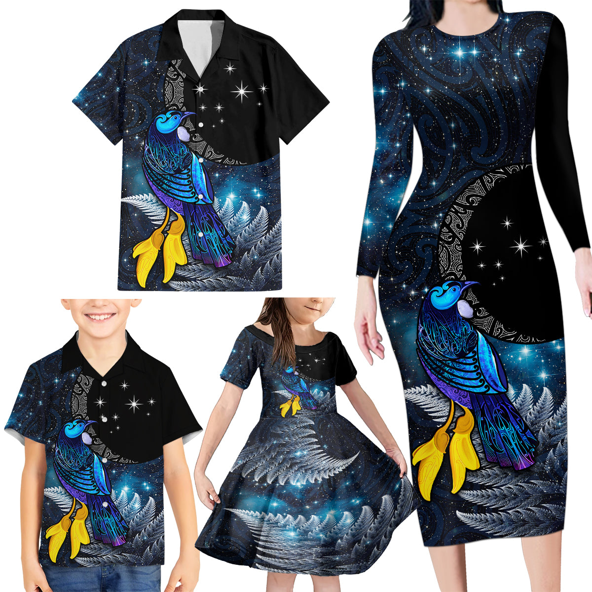 New Zealand Tui Bird Matariki Family Matching Long Sleeve Bodycon Dress and Hawaiian Shirt Galaxy Fern With Maori Pattern