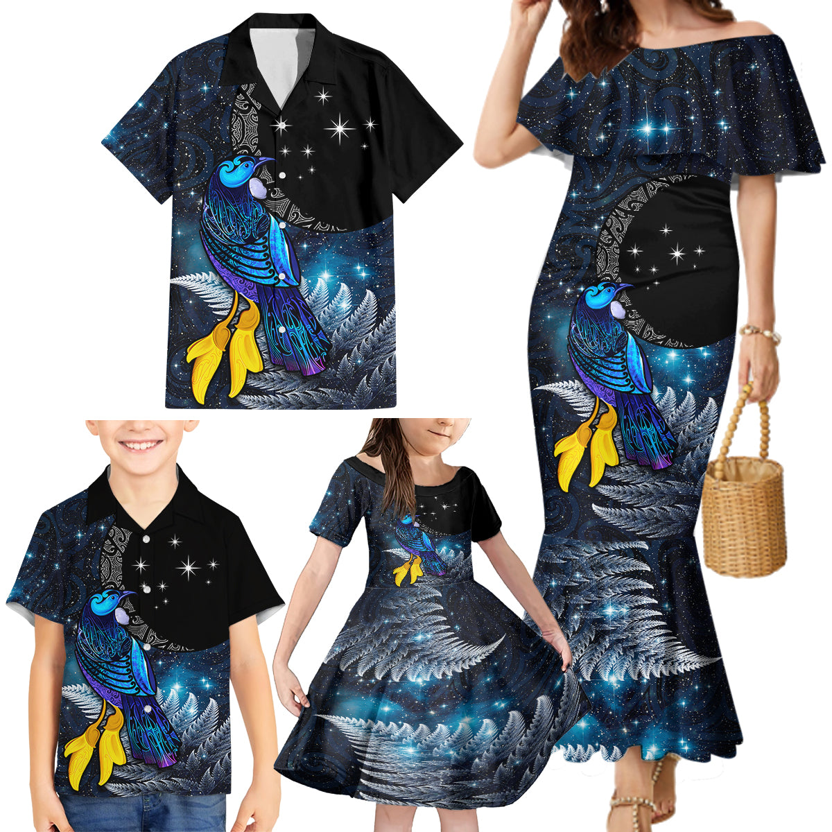 New Zealand Tui Bird Matariki Family Matching Mermaid Dress and Hawaiian Shirt Galaxy Fern With Maori Pattern