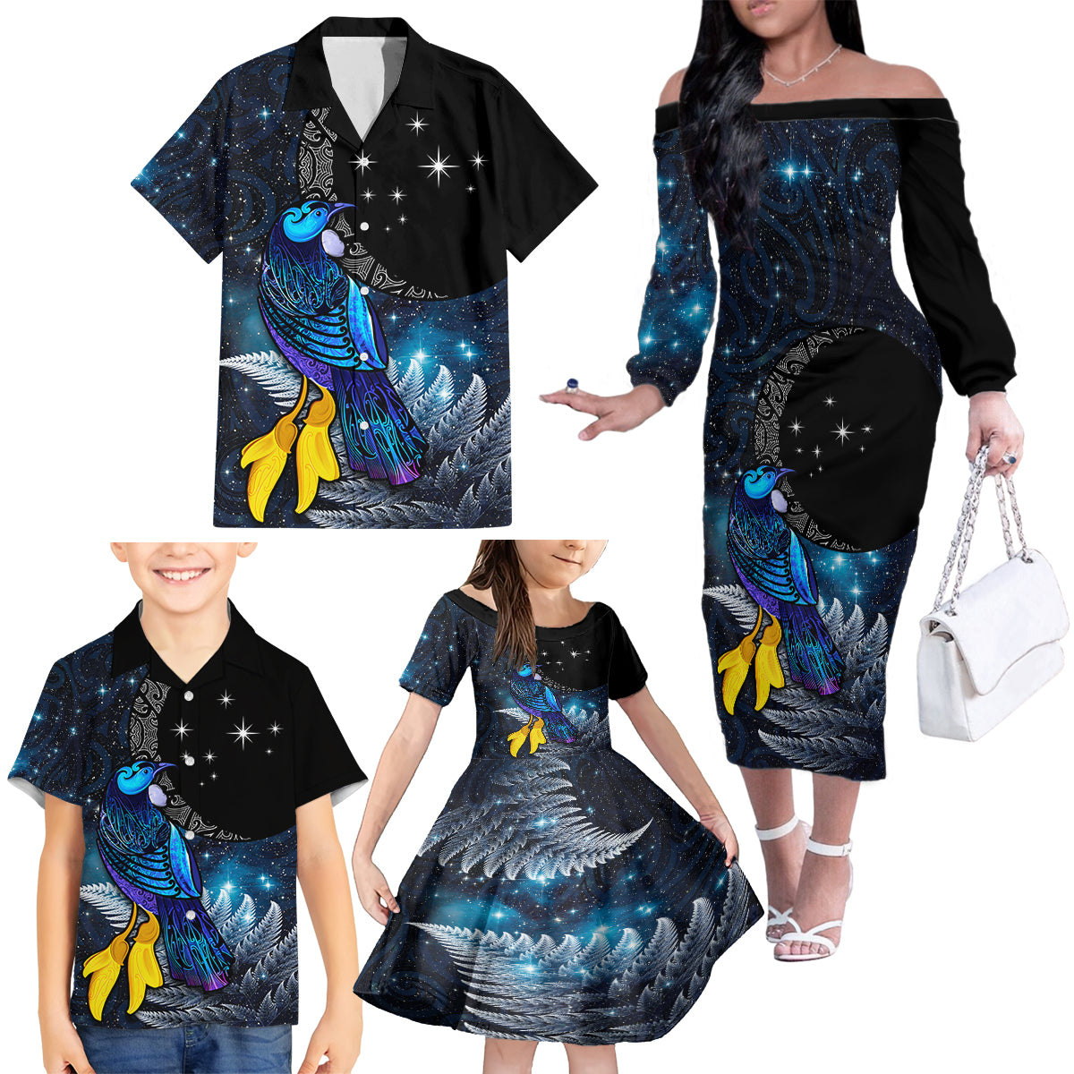 New Zealand Tui Bird Matariki Family Matching Off The Shoulder Long Sleeve Dress and Hawaiian Shirt Galaxy Fern With Maori Pattern