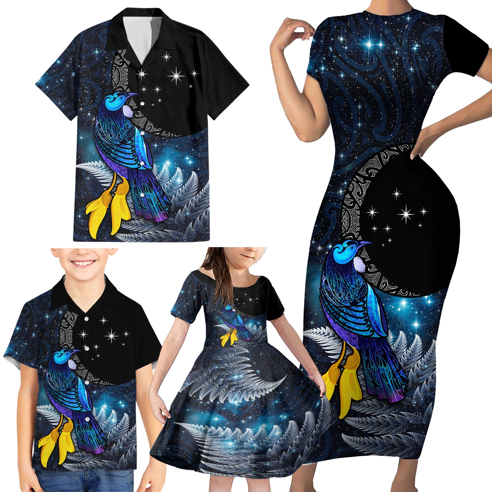 New Zealand Tui Bird Matariki Family Matching Short Sleeve Bodycon Dress and Hawaiian Shirt Galaxy Fern With Maori Pattern