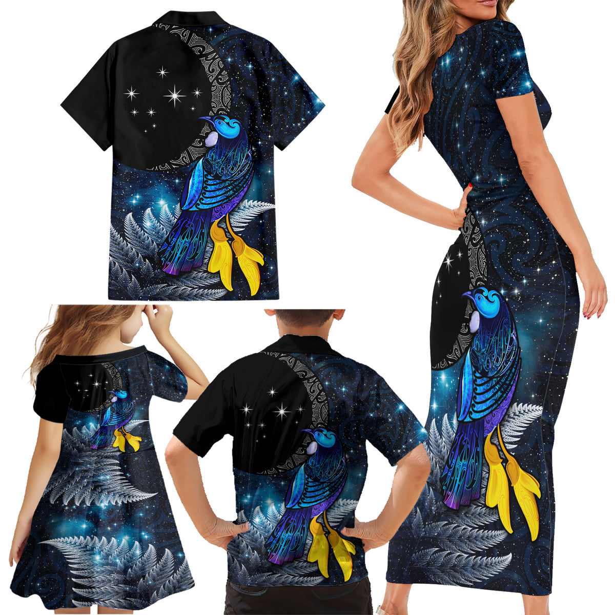 New Zealand Tui Bird Matariki Family Matching Short Sleeve Bodycon Dress and Hawaiian Shirt Galaxy Fern With Maori Pattern