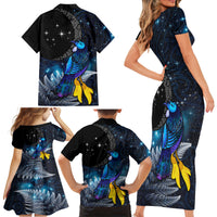New Zealand Tui Bird Matariki Family Matching Short Sleeve Bodycon Dress and Hawaiian Shirt Galaxy Fern With Maori Pattern