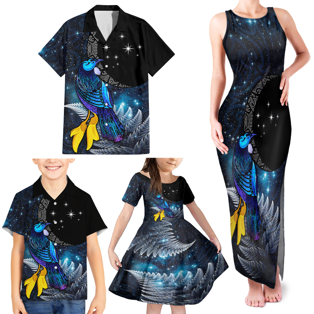 New Zealand Tui Bird Matariki Family Matching Tank Maxi Dress and Hawaiian Shirt Galaxy Fern With Maori Pattern