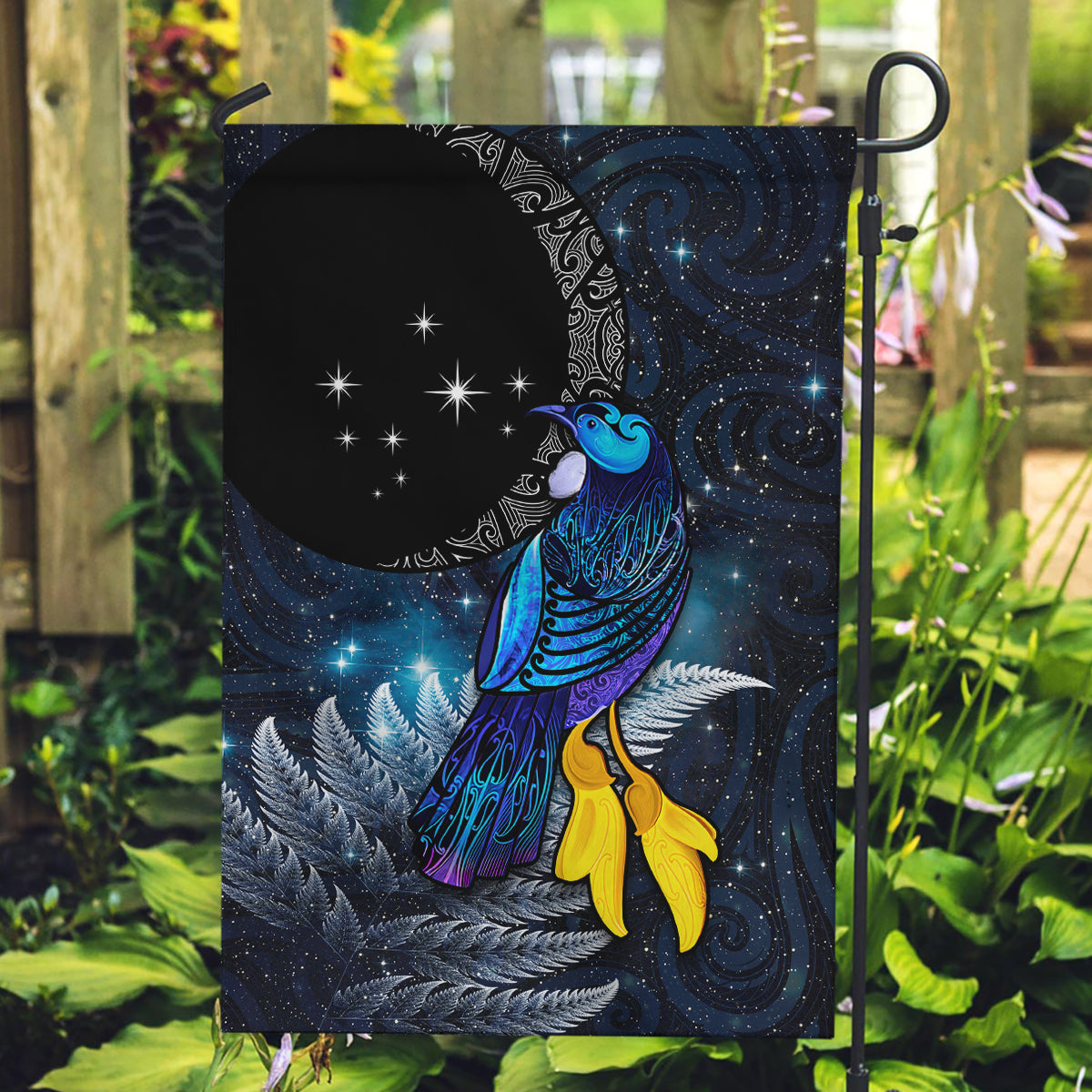 New Zealand Tui Bird Matariki Garden Flag Galaxy Fern With Maori Pattern