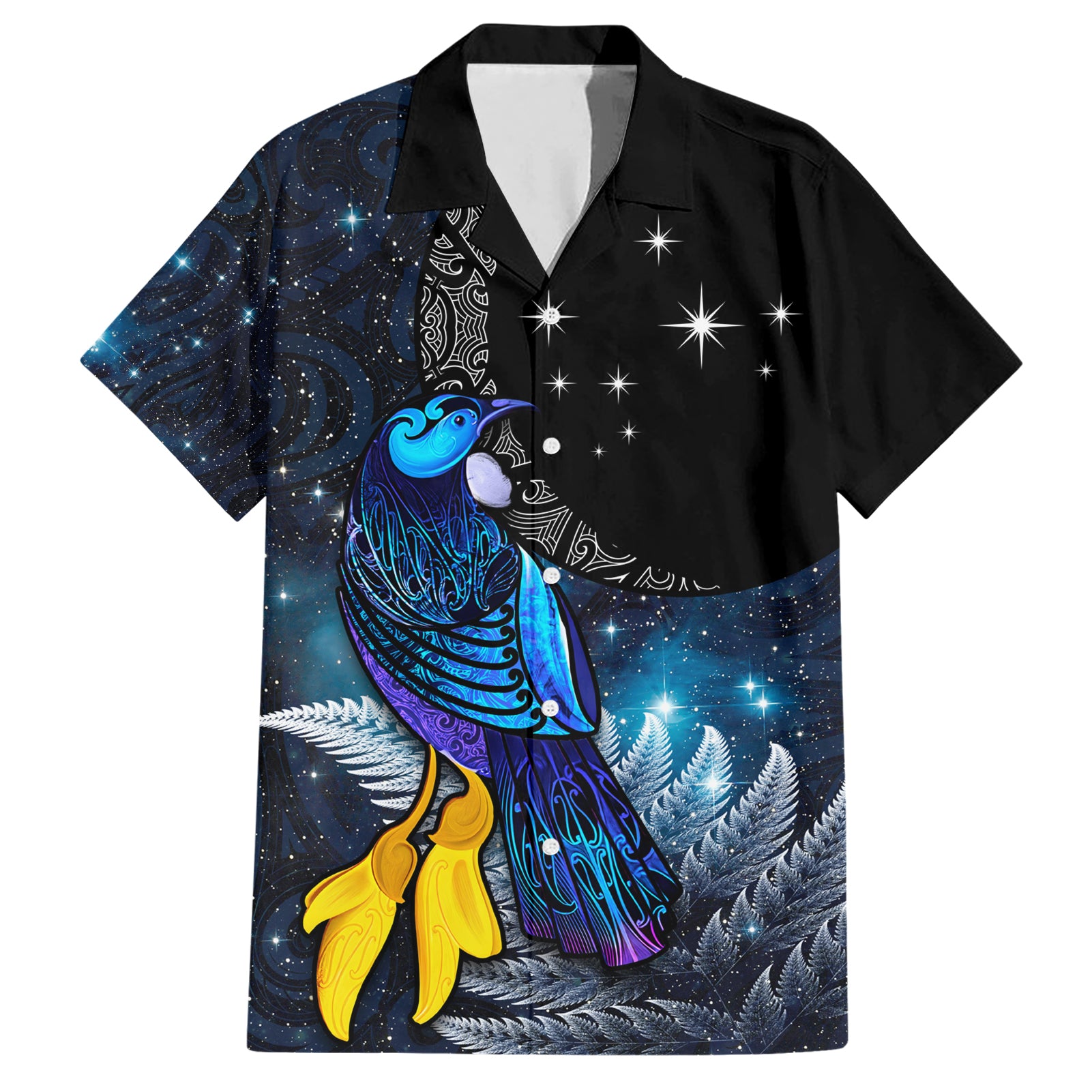 New Zealand Tui Bird Matariki Hawaiian Shirt Galaxy Fern With Maori Pattern