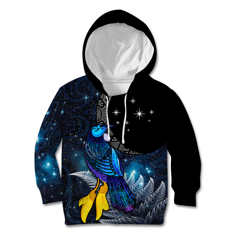 New Zealand Tui Bird Matariki Kid Hoodie Galaxy Fern With Maori Pattern