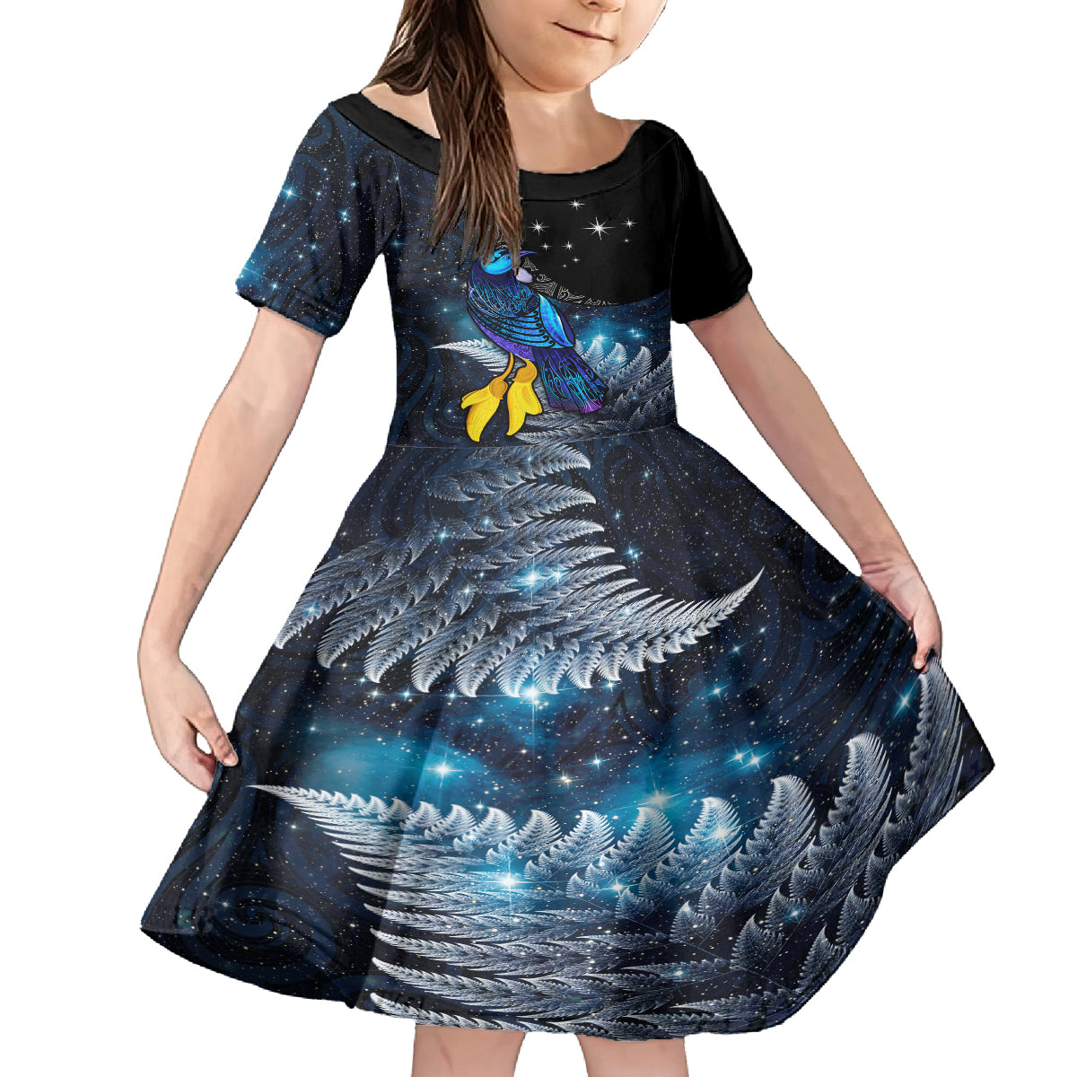 New Zealand Tui Bird Matariki Kid Short Sleeve Dress Galaxy Fern With Maori Pattern