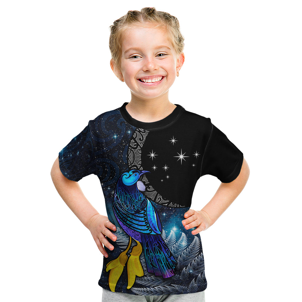 New Zealand Tui Bird Matariki Kid T Shirt Galaxy Fern With Maori Pattern