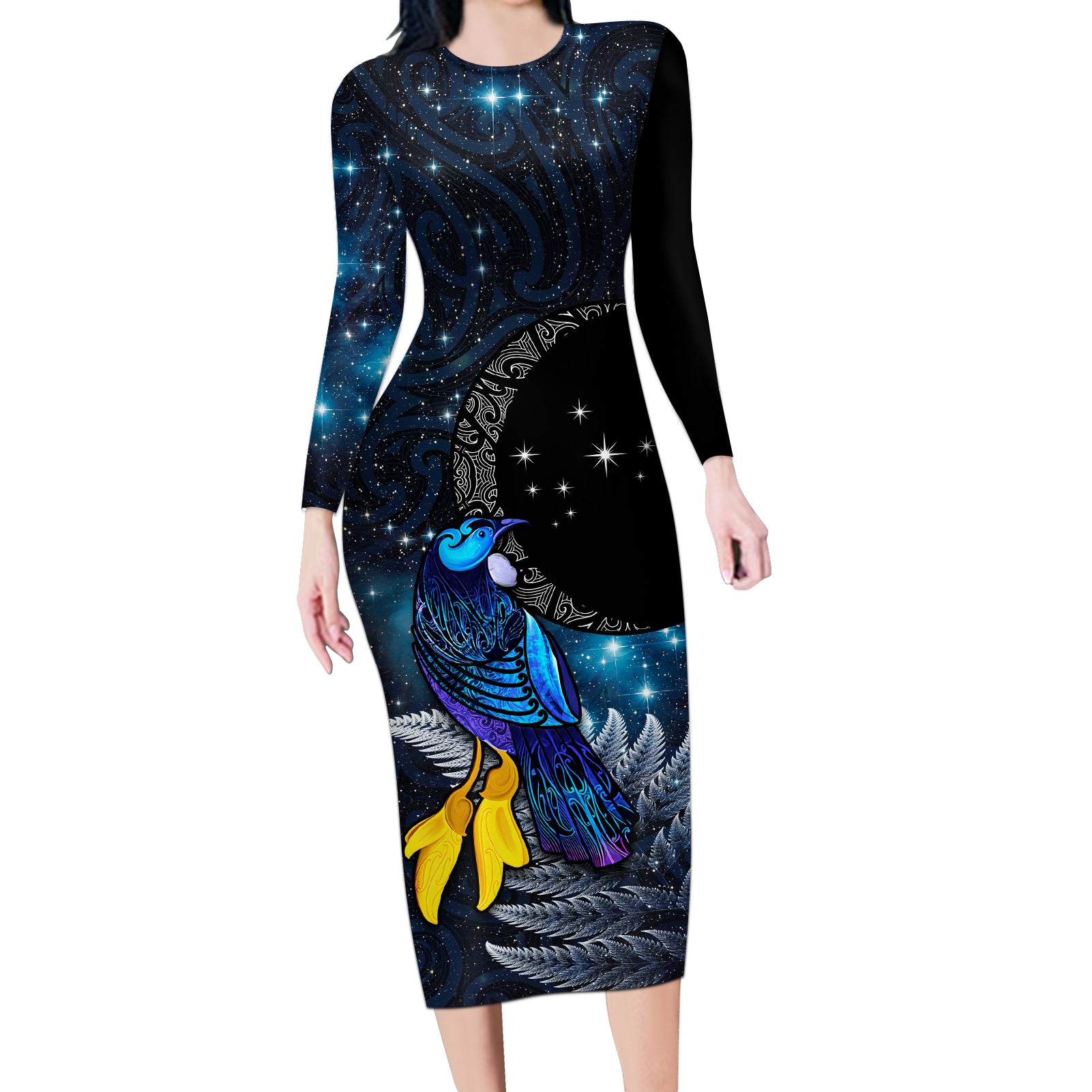 New Zealand Tui Bird Matariki Long Sleeve Bodycon Dress Galaxy Fern With Maori Pattern