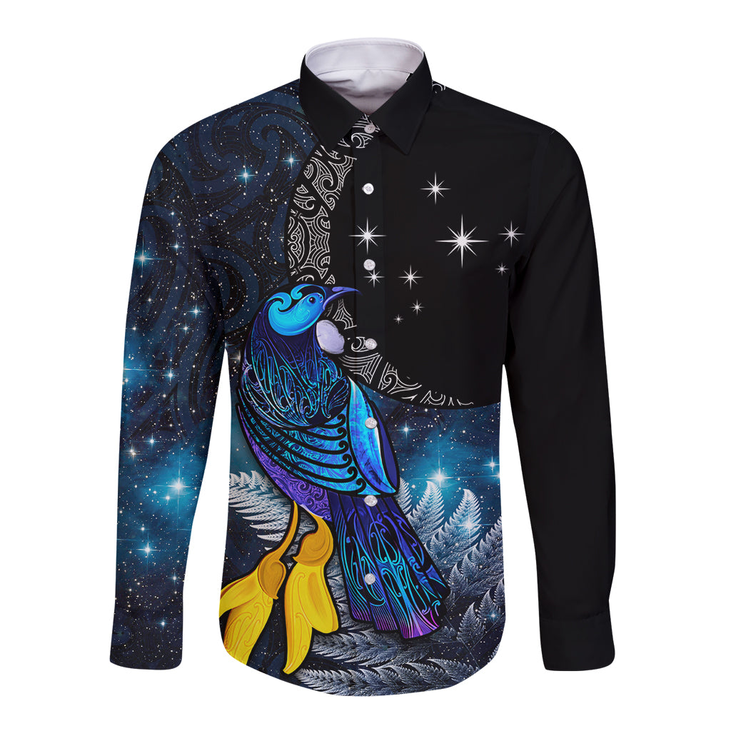 New Zealand Tui Bird Matariki Long Sleeve Button Shirt Galaxy Fern With Maori Pattern