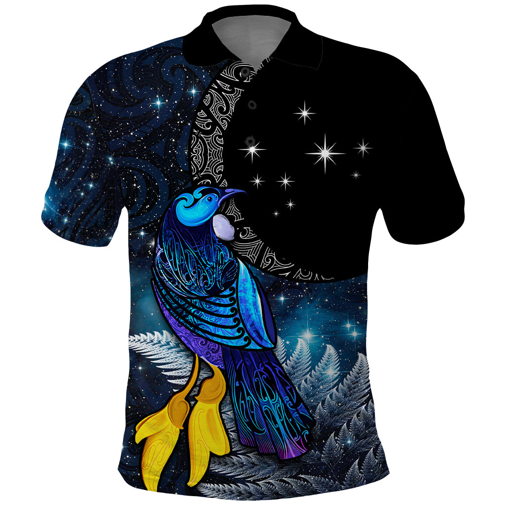 New Zealand Tui Bird Matariki Polo Shirt Galaxy Fern With Maori Pattern