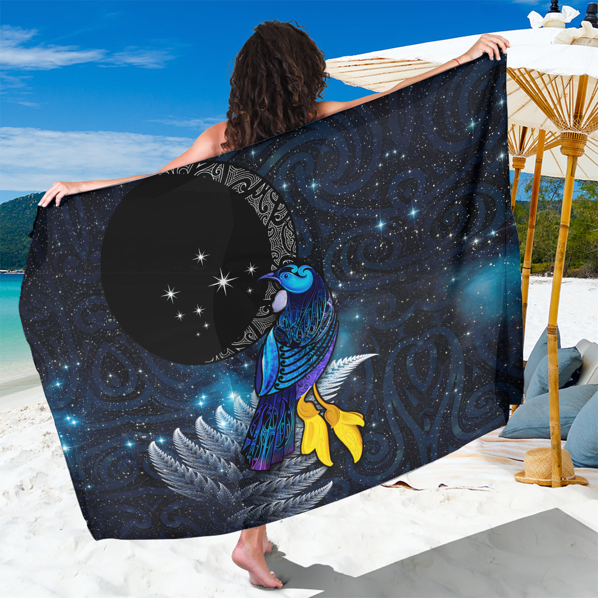 New Zealand Tui Bird Matariki Sarong Galaxy Fern With Maori Pattern