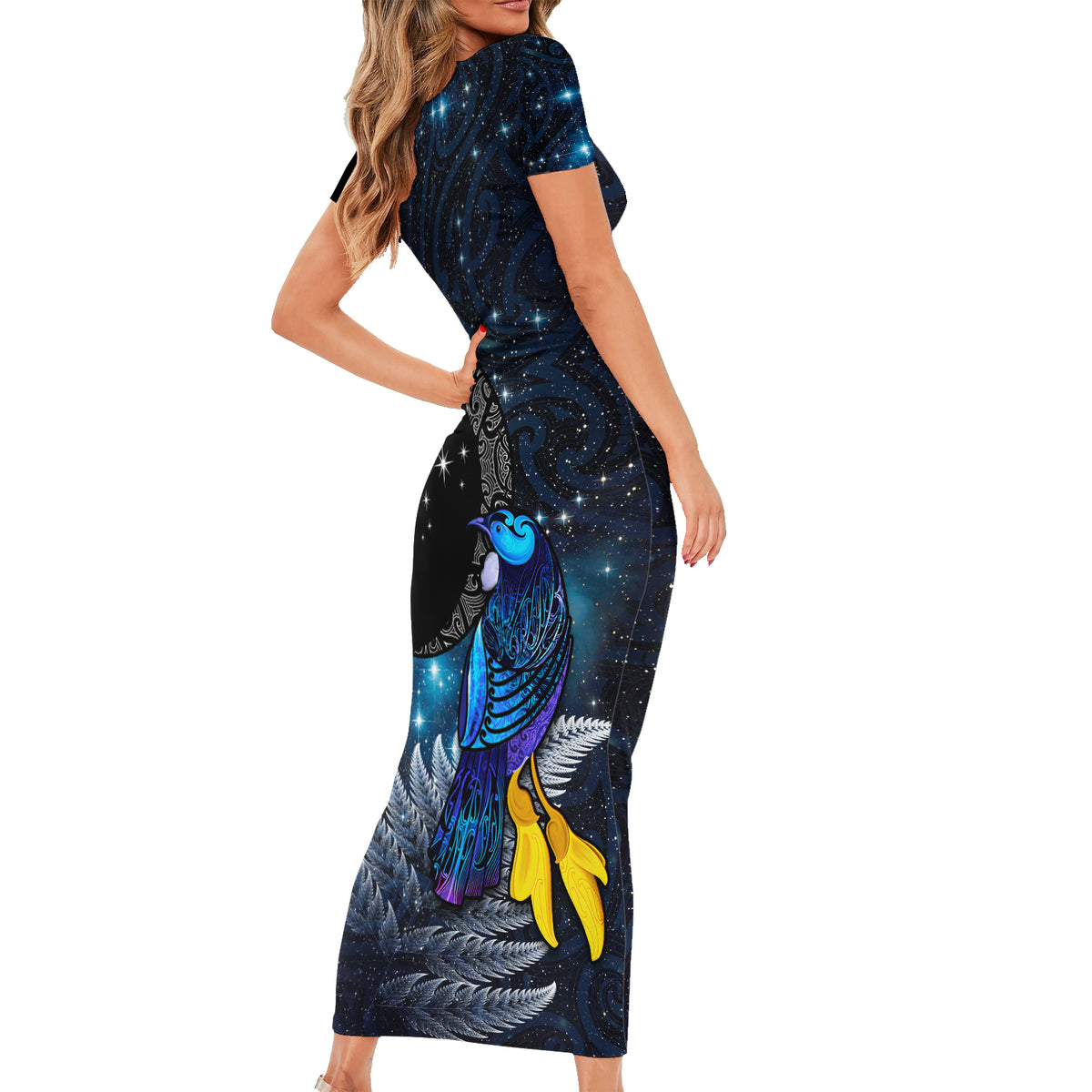 New Zealand Tui Bird Matariki Short Sleeve Bodycon Dress Galaxy Fern With Maori Pattern