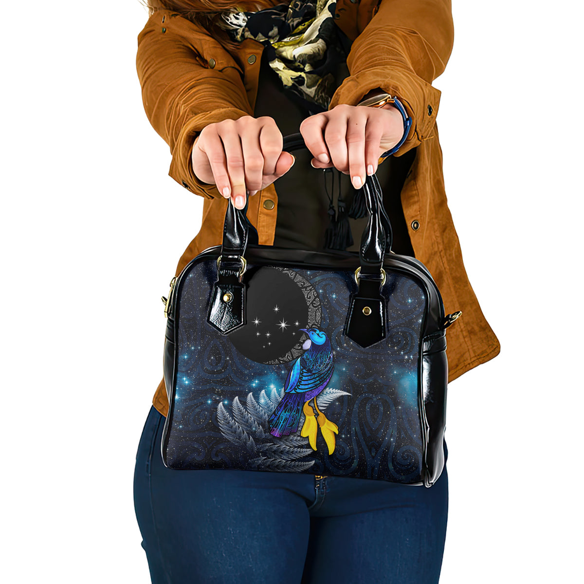 New Zealand Tui Bird Matariki Shoulder Handbag Galaxy Fern With Maori Pattern