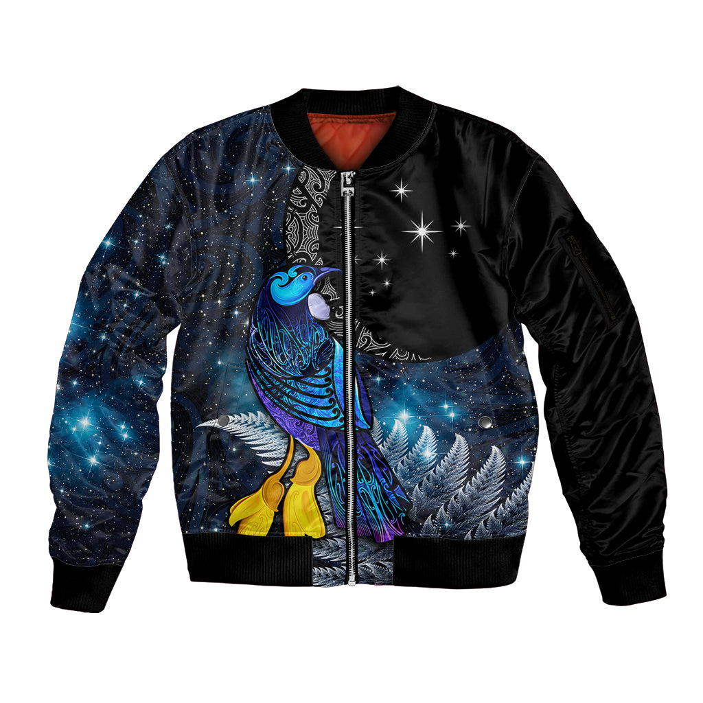 New Zealand Tui Bird Matariki Sleeve Zip Bomber Jacket Galaxy Fern With Maori Pattern