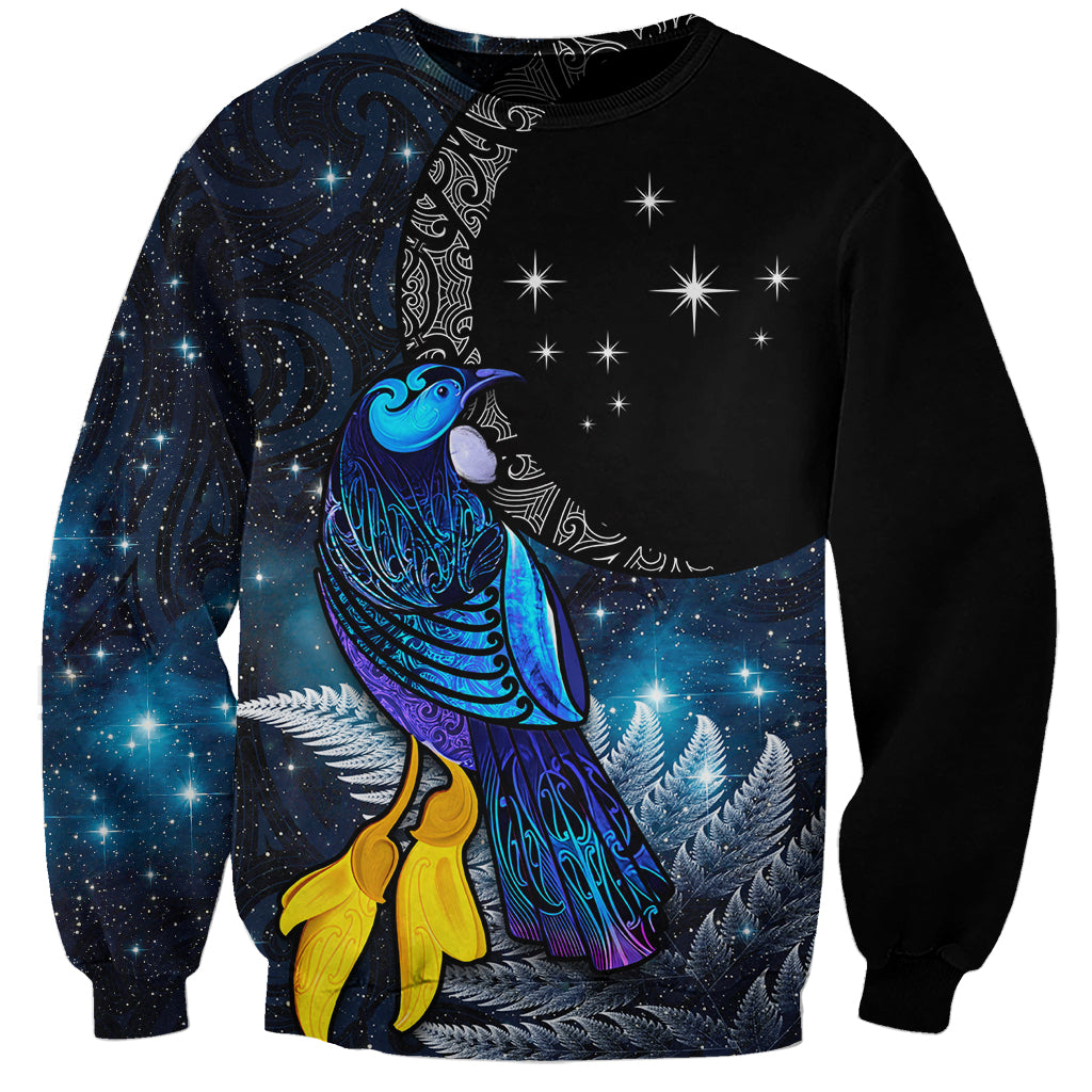 New Zealand Tui Bird Matariki Sweatshirt Galaxy Fern With Maori Pattern