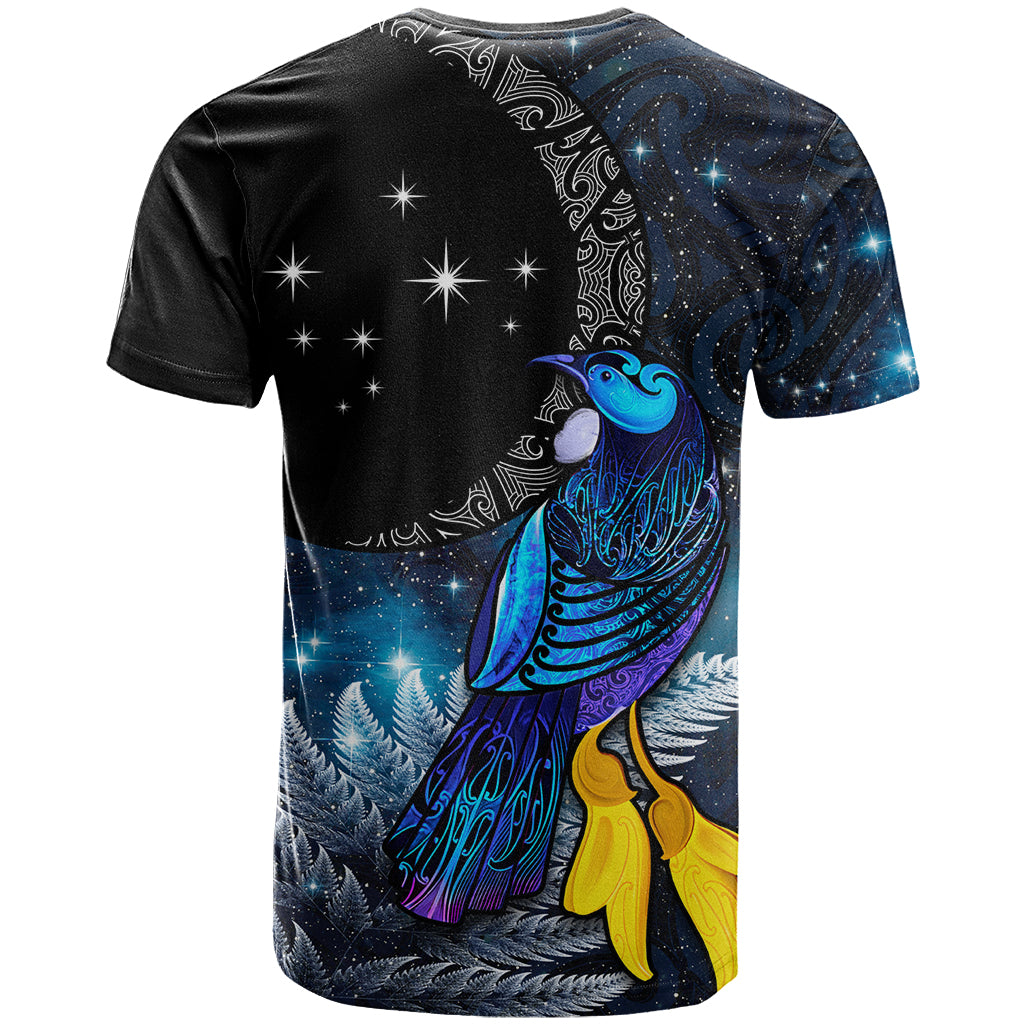 New Zealand Tui Bird Matariki T Shirt Galaxy Fern With Maori Pattern