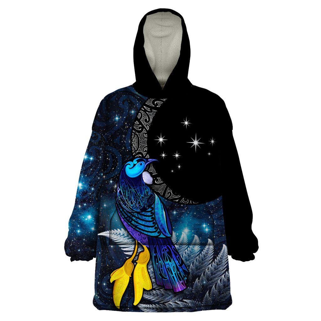 New Zealand Tui Bird Matariki Wearable Blanket Hoodie Galaxy Fern With Maori Pattern