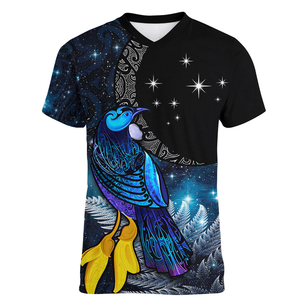 New Zealand Tui Bird Matariki Women V-Neck T-Shirt Galaxy Fern With Maori Pattern