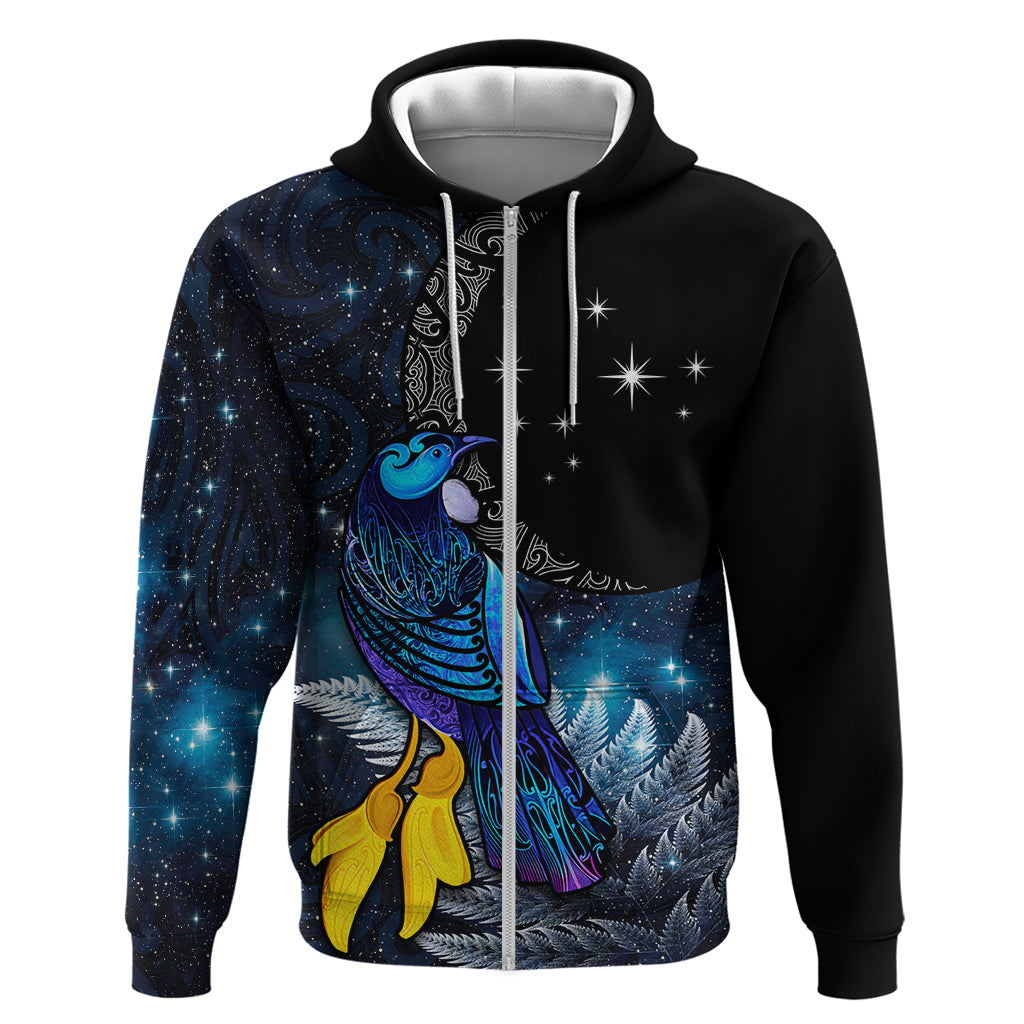 New Zealand Tui Bird Matariki Zip Hoodie Galaxy Fern With Maori Pattern