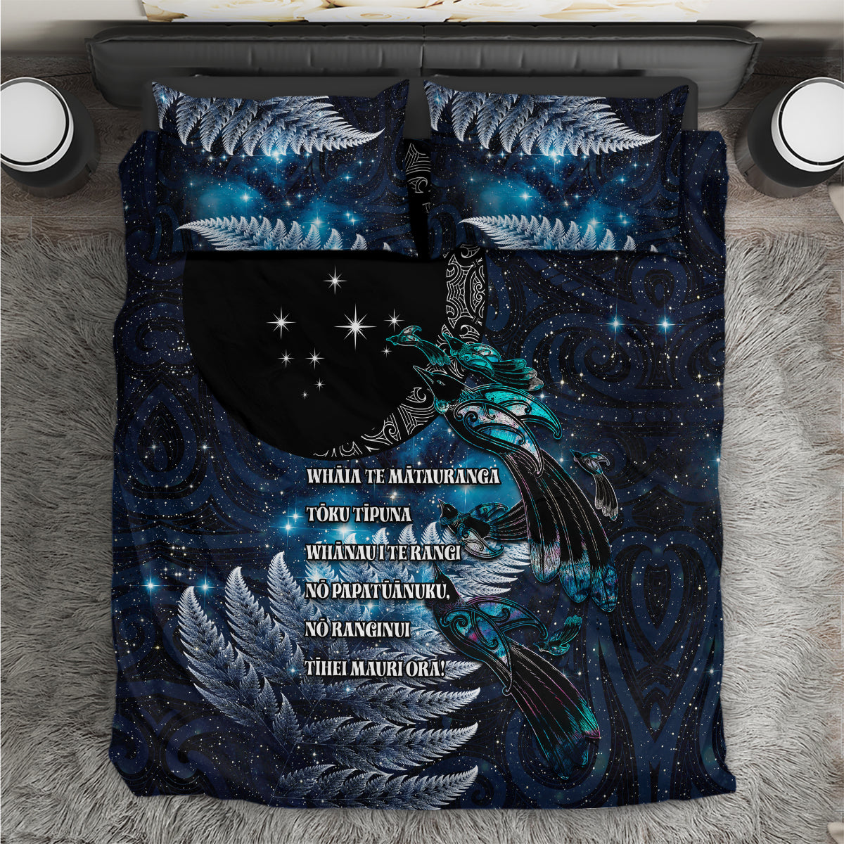 New Zealand Tui Bird Bedding Set Matariki Poetry Pattern Galaxy Style