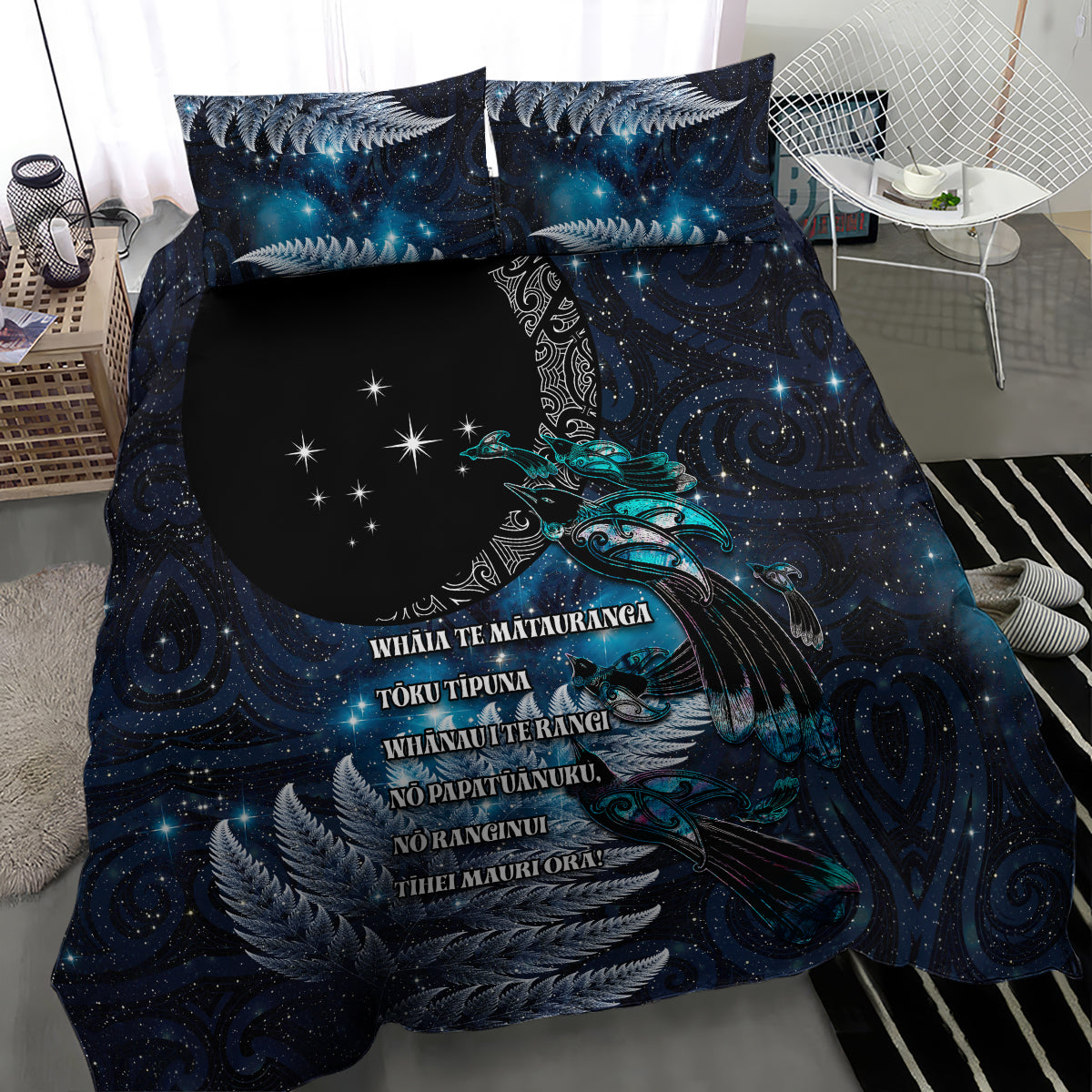 New Zealand Tui Bird Bedding Set Matariki Poetry Pattern Galaxy Style