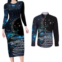 New Zealand Tui Bird Couples Matching Long Sleeve Bodycon Dress and Long Sleeve Button Shirt Matariki Poetry Pattern Galaxy Style