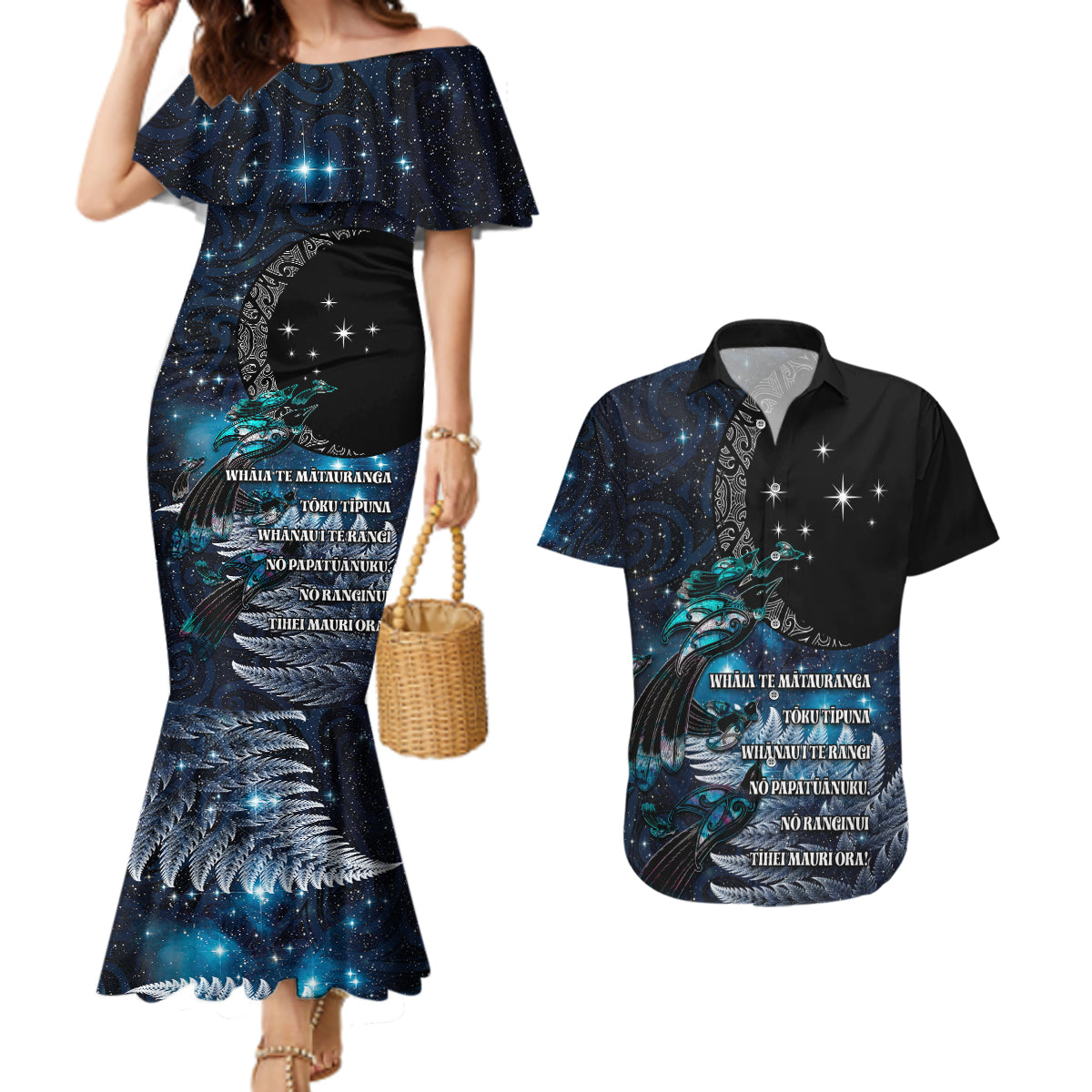New Zealand Tui Bird Couples Matching Mermaid Dress and Hawaiian Shirt Matariki Poetry Pattern Galaxy Style