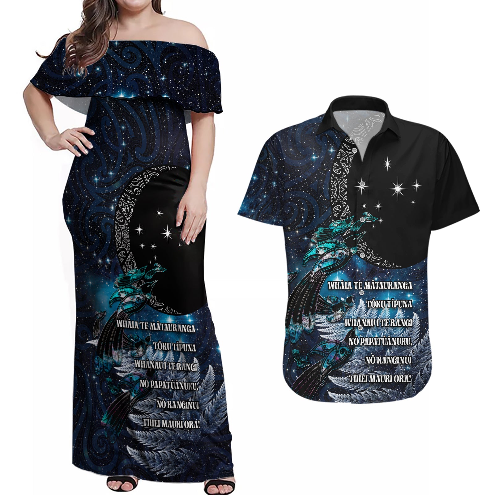 New Zealand Tui Bird Couples Matching Off Shoulder Maxi Dress and Hawaiian Shirt Matariki Poetry Pattern Galaxy Style