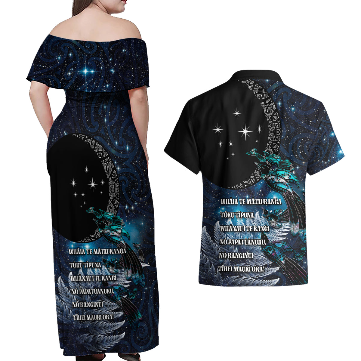 New Zealand Tui Bird Couples Matching Off Shoulder Maxi Dress and Hawaiian Shirt Matariki Poetry Pattern Galaxy Style