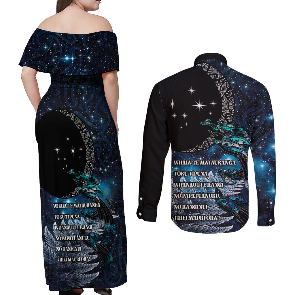 New Zealand Tui Bird Couples Matching Off Shoulder Maxi Dress and Long Sleeve Button Shirt Matariki Poetry Pattern Galaxy Style