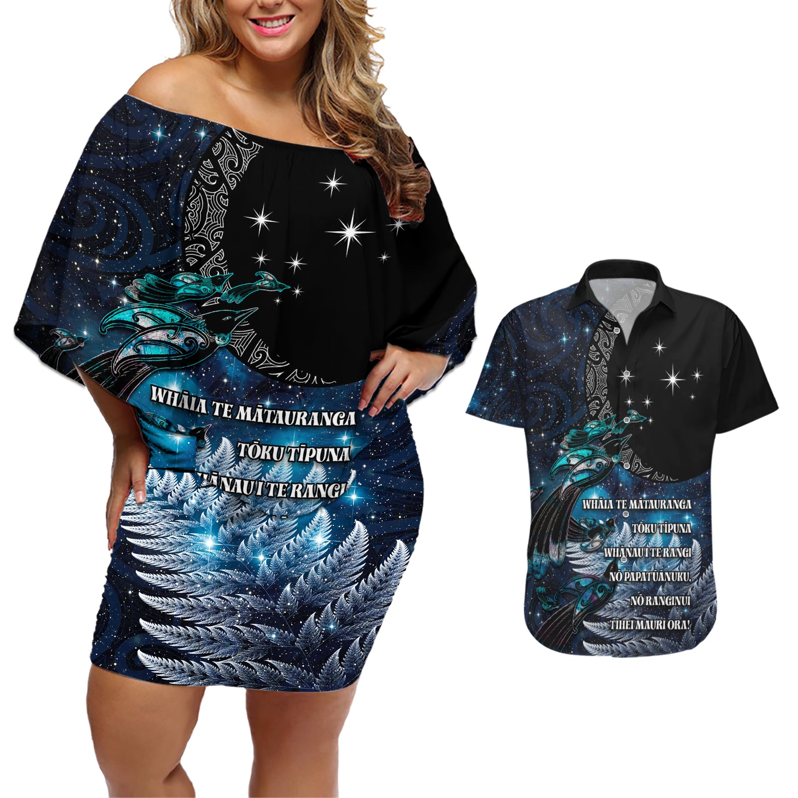 New Zealand Tui Bird Couples Matching Off Shoulder Short Dress and Hawaiian Shirt Matariki Poetry Pattern Galaxy Style