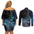 New Zealand Tui Bird Couples Matching Off Shoulder Short Dress and Long Sleeve Button Shirt Matariki Poetry Pattern Galaxy Style