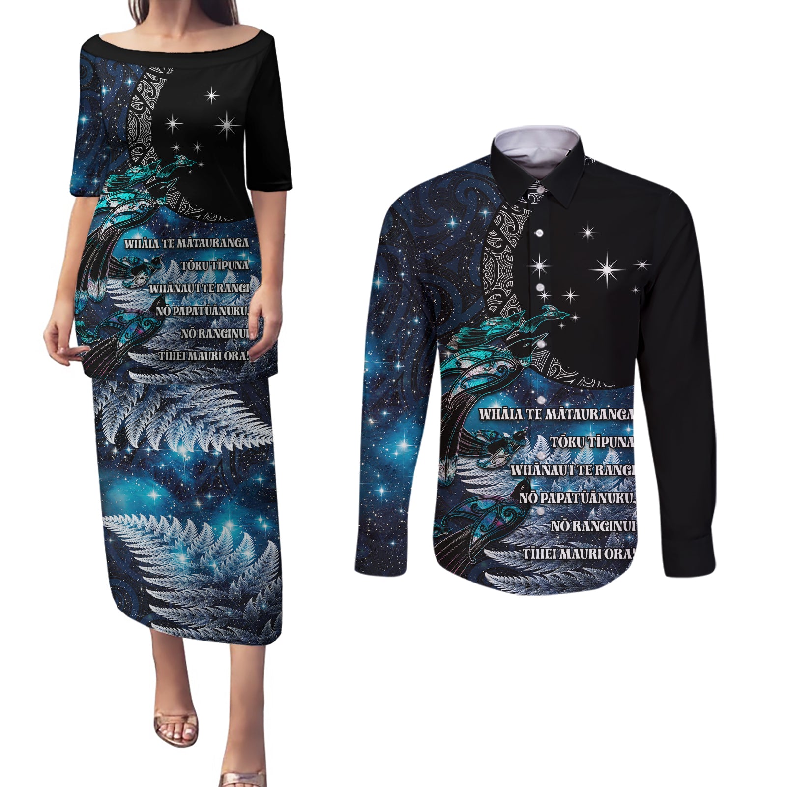 New Zealand Tui Bird Couples Matching Puletasi and Long Sleeve Button Shirt Matariki Poetry Pattern Galaxy Style