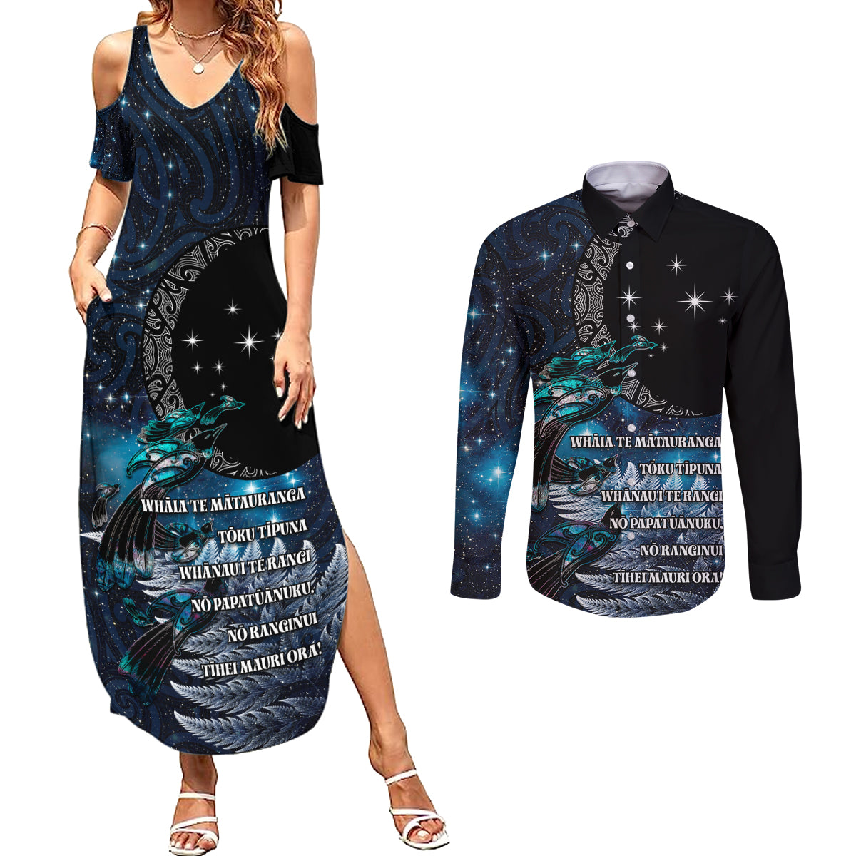 New Zealand Tui Bird Couples Matching Summer Maxi Dress and Long Sleeve Button Shirt Matariki Poetry Pattern Galaxy Style