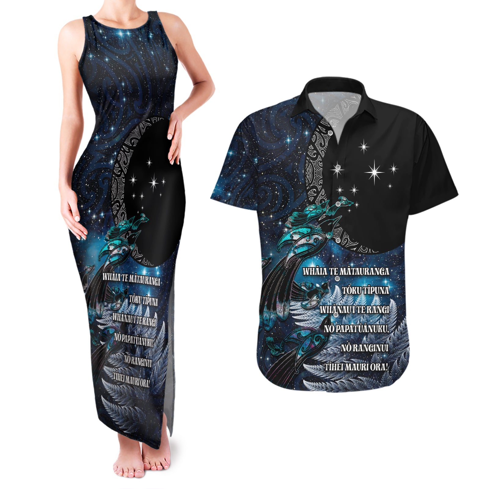 New Zealand Tui Bird Couples Matching Tank Maxi Dress and Hawaiian Shirt Matariki Poetry Pattern Galaxy Style