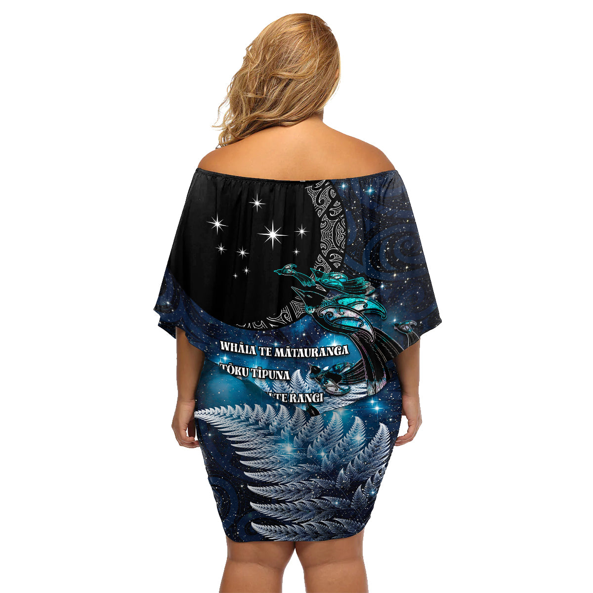 New Zealand Tui Bird Family Matching Off Shoulder Short Dress and Hawaiian Shirt Matariki Poetry Pattern Galaxy Style