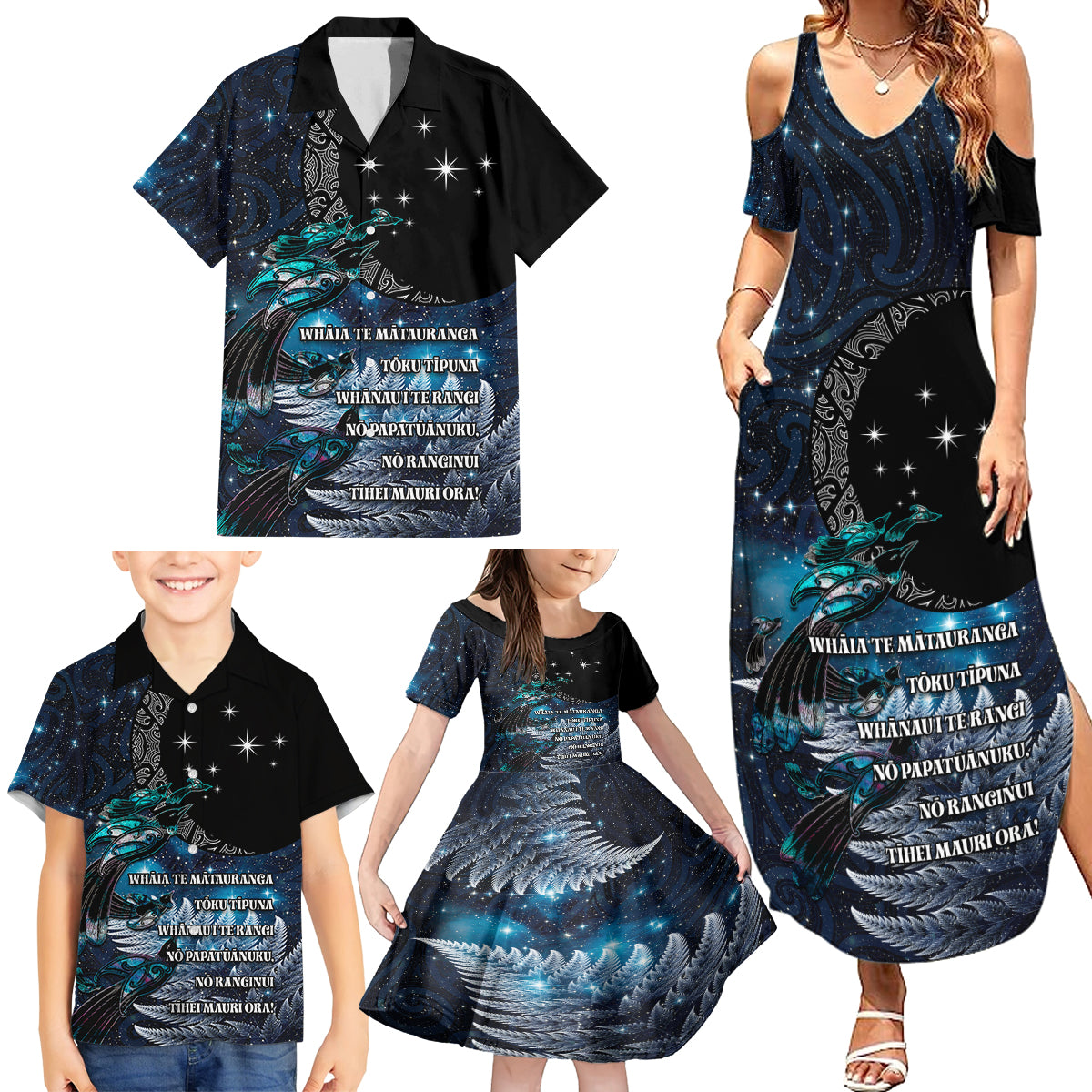 New Zealand Tui Bird Family Matching Summer Maxi Dress and Hawaiian Shirt Matariki Poetry Pattern Galaxy Style