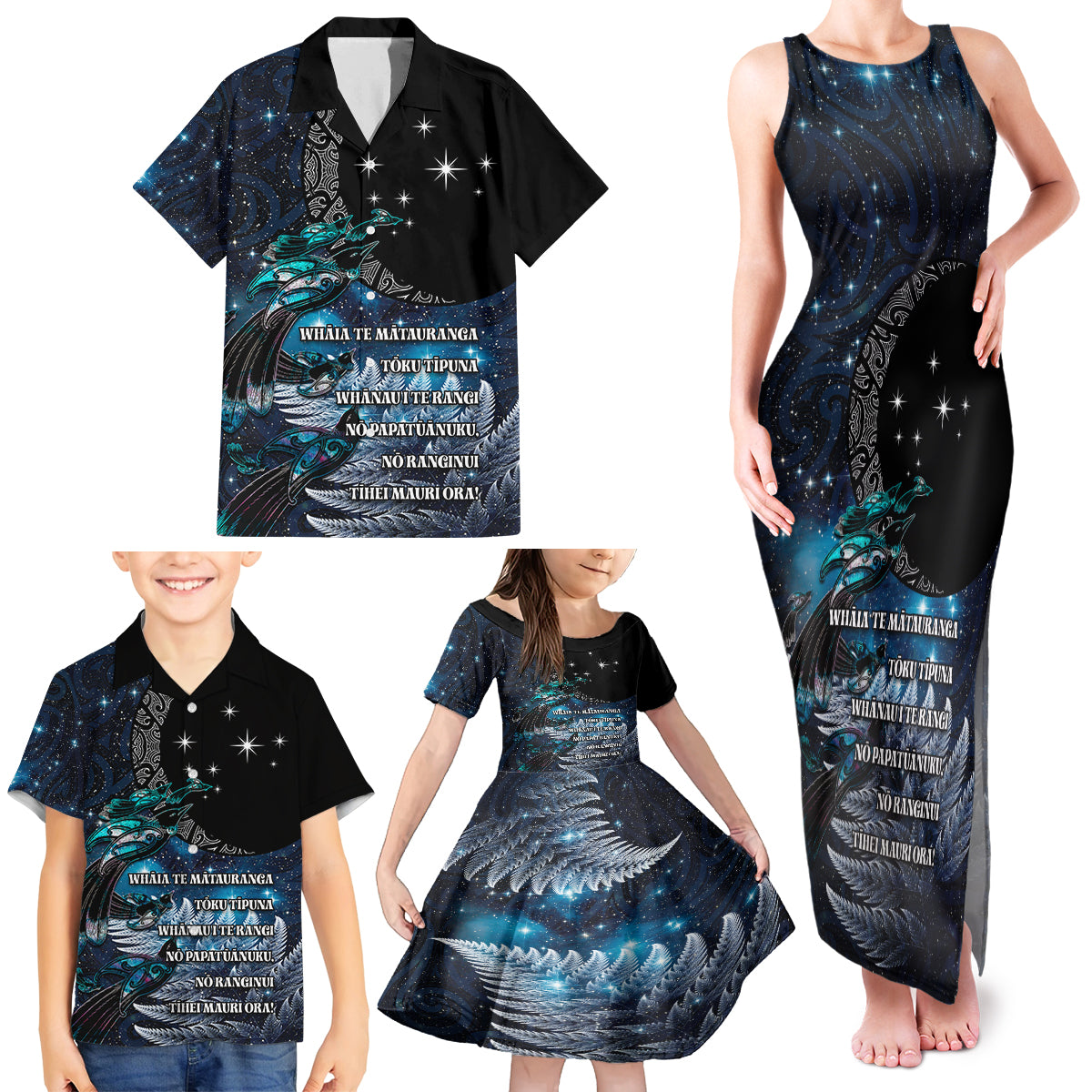 New Zealand Tui Bird Family Matching Tank Maxi Dress and Hawaiian Shirt Matariki Poetry Pattern Galaxy Style