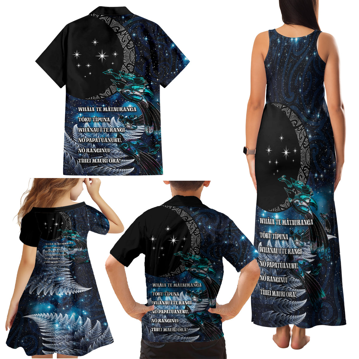 New Zealand Tui Bird Family Matching Tank Maxi Dress and Hawaiian Shirt Matariki Poetry Pattern Galaxy Style