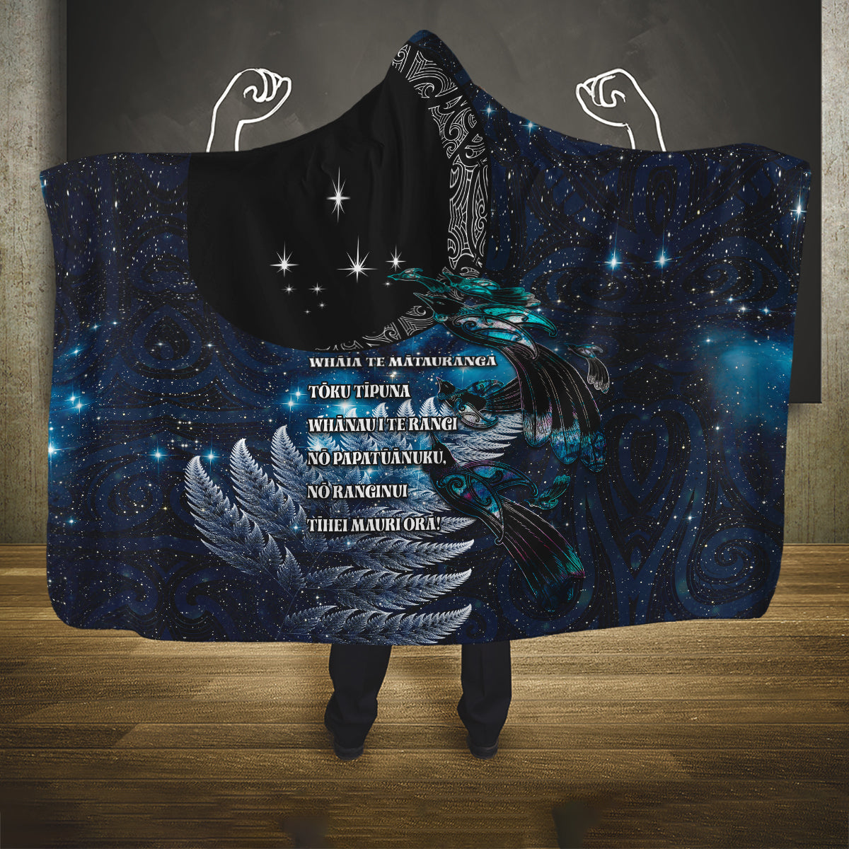 New Zealand Tui Bird Hooded Blanket Matariki Poetry Pattern Galaxy Style