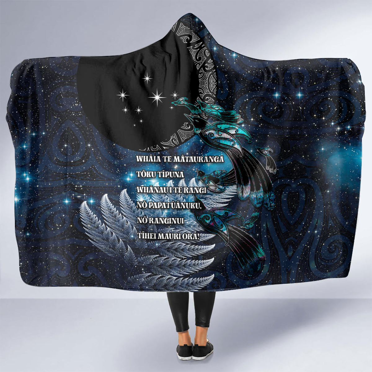 New Zealand Tui Bird Hooded Blanket Matariki Poetry Pattern Galaxy Style