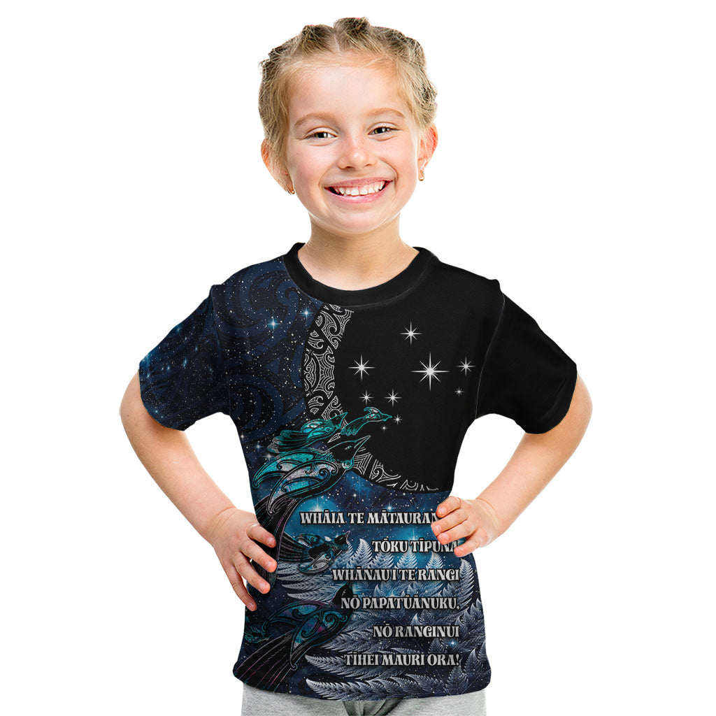 New Zealand Tui Bird Kid T Shirt Matariki Poetry Pattern Galaxy Style